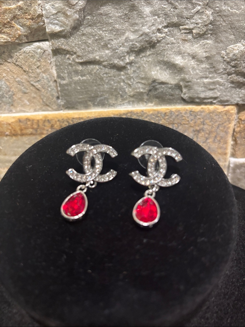 Silver Crystal CC Drop Earrings with Red Teardrops